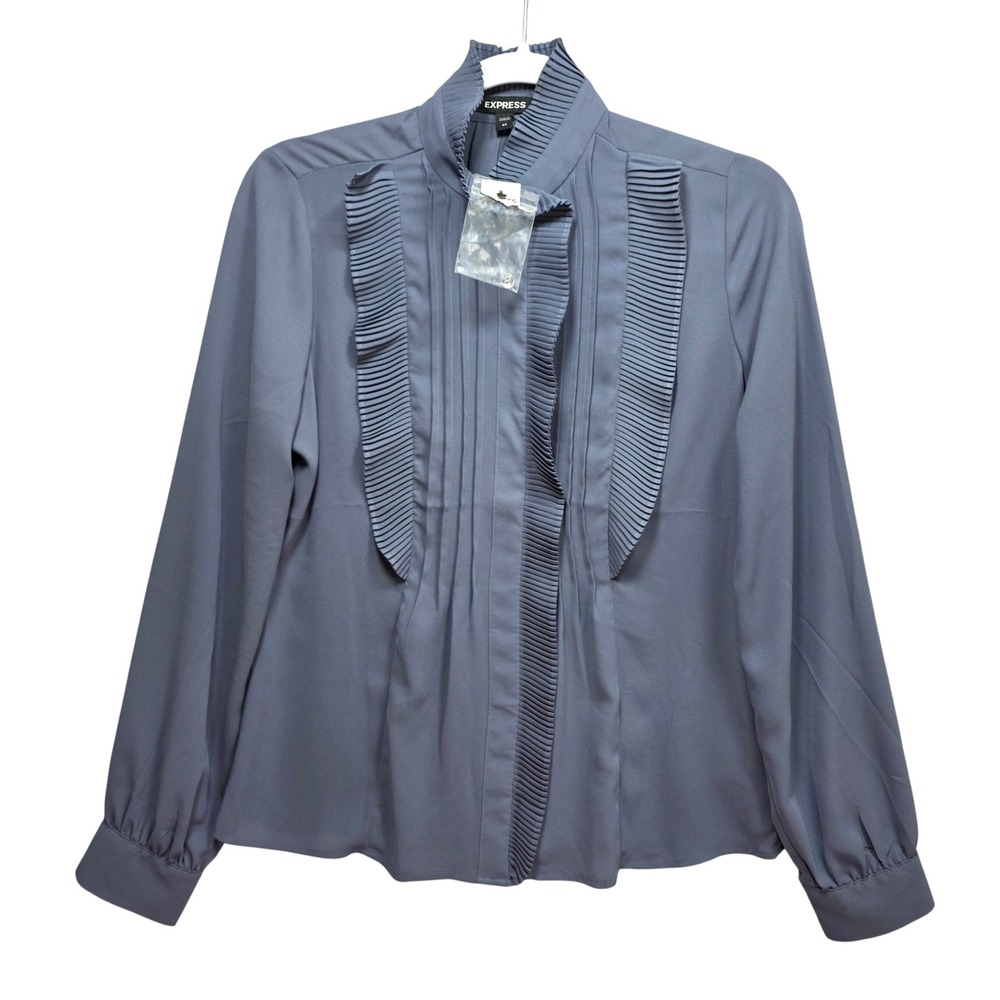 Express Pleated Tuxedo Blouse Women XS Mock Neck Ruffle Long Sleeve Top Gray New